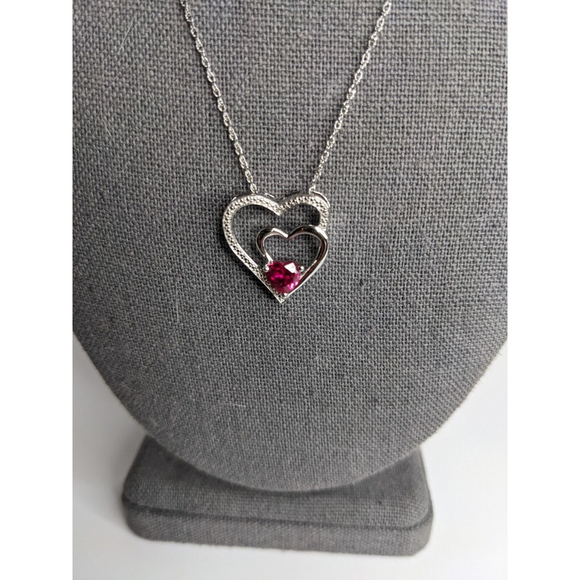 Created Ruby Double Heart Diamond Acc. Pendant 18" Sterling Silver Necklace NWT - Picture 4 of 8